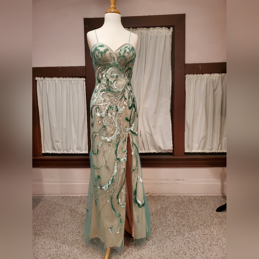 Green Sequin Net Gown with Slit